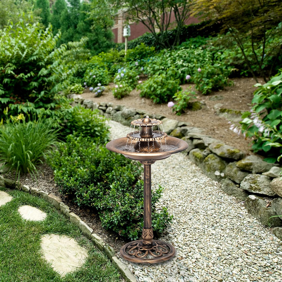TEC106-BZ 35” Tall 3-Tier Pedestal Water Fountain with Birdbath in Vintage – Outdoor Garden Fountain for Yard, Patio