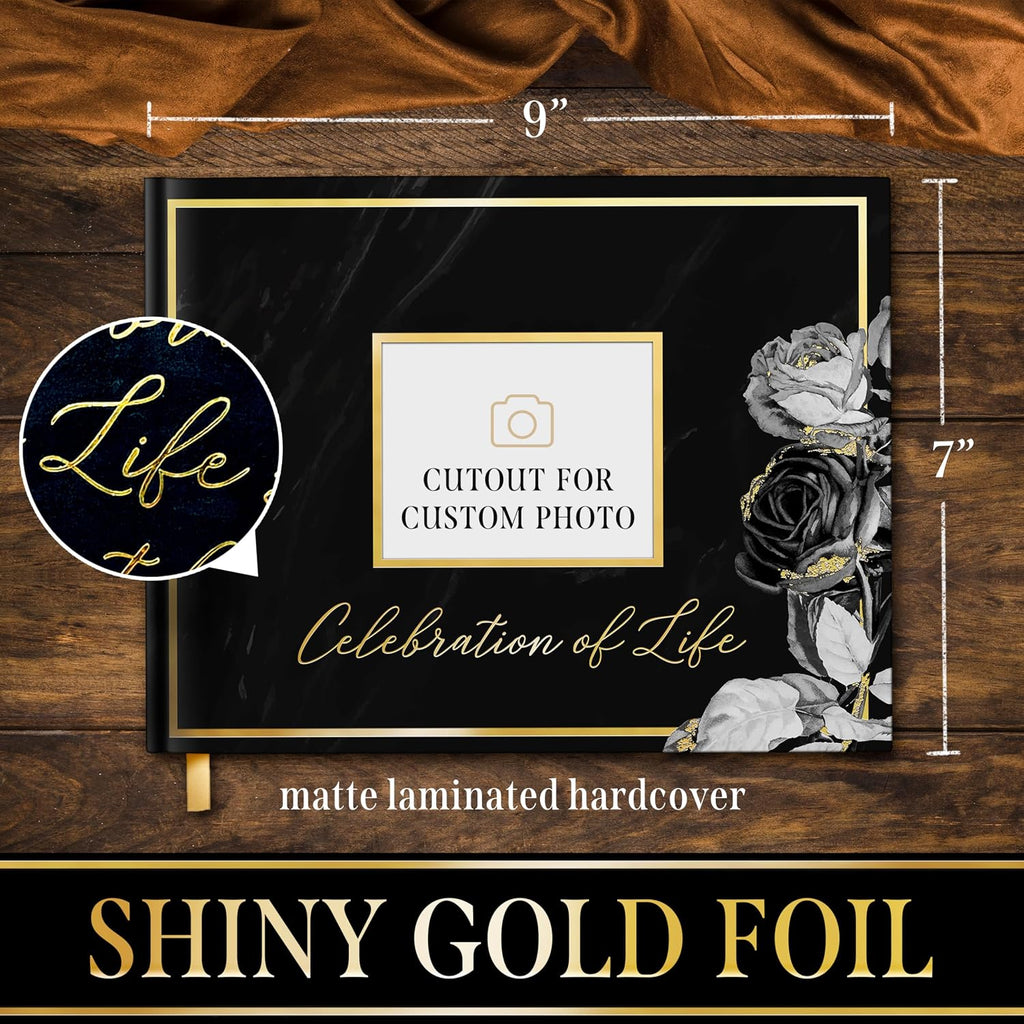 Elegant Black Floral Funeral Guest Book,"Celebration of Life" Gold Stamped Cover with Photo Slot,Includes Silver Pen