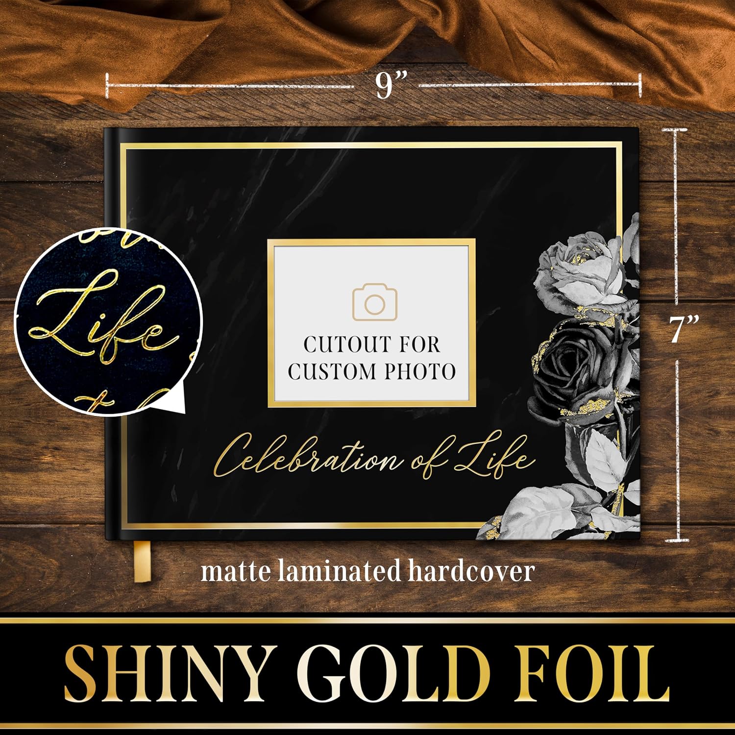 Elegant Black Floral Funeral Guest Book,"Celebration of Life" Gold Stamped Cover with Photo Slot,Includes Silver Pen