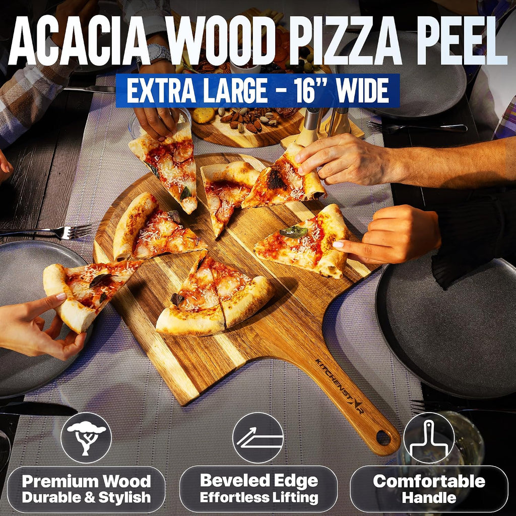 Pizza Stone Set for Oven and Grill – 16 Inch Cordierite Baking Stone, 1800°F Resistant, 6-Piece Kit with Acacia Wood