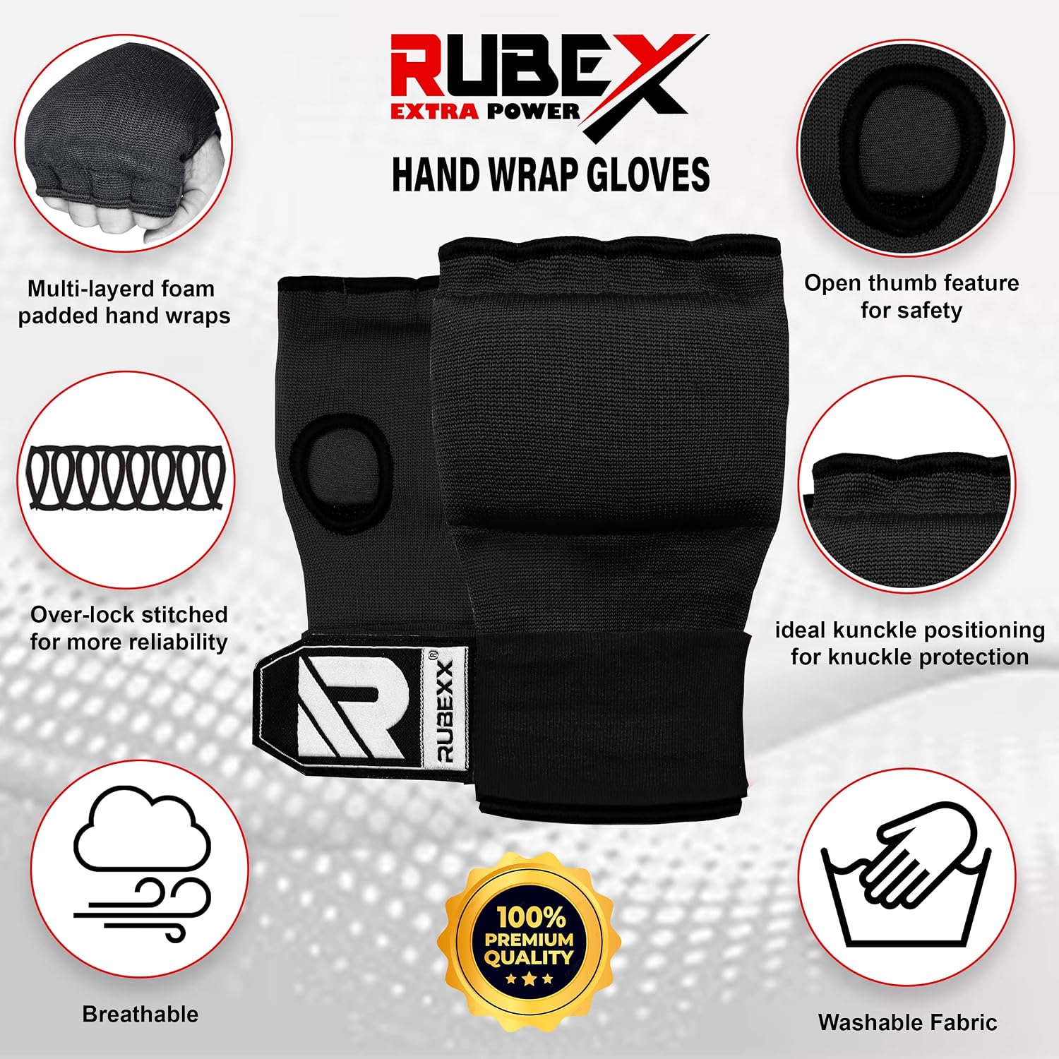 Slip on Boxing Hand Wraps Padded Thick Knuckle Inner Gloves 36 inches Elastic Wrist Strap Quick Wrap Under Mitts for