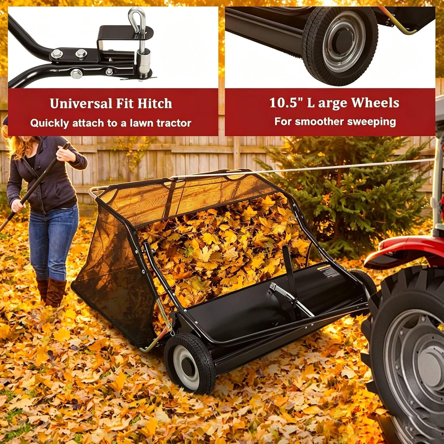 50" Pull-Behind Lawn Sweeper with 27 Cu.ft Large-Capacity Collector — Heavy-Duty Tow-Behind Leaf & Grass Sweeper for