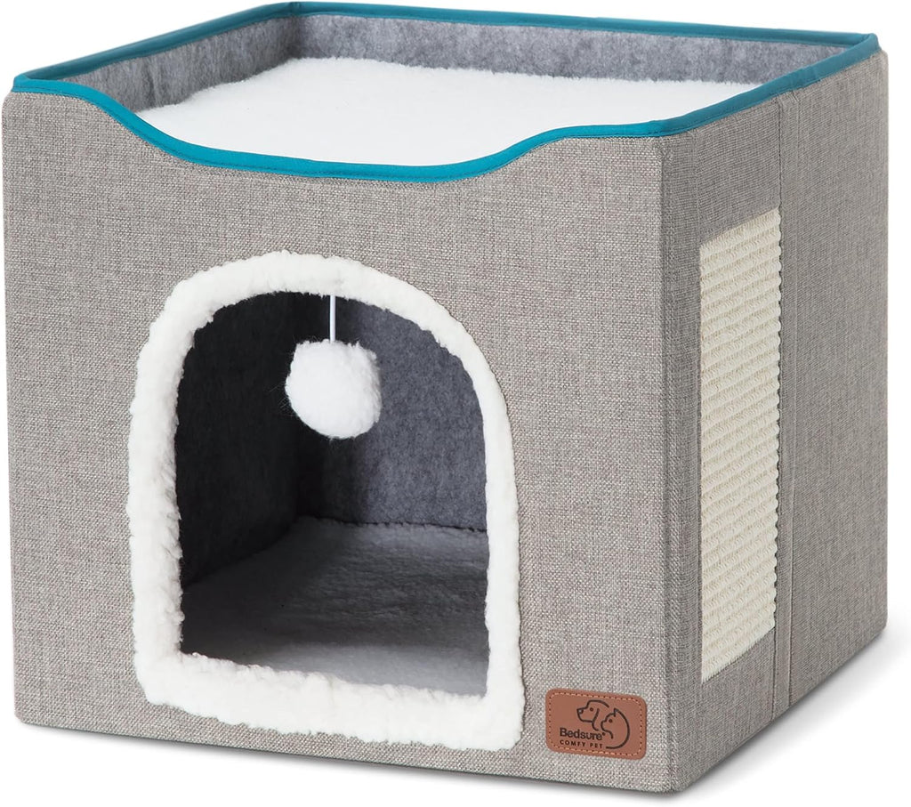 Cat Beds for Indoor Cats - Large Cat Cave for Pet Cat House with Fluffy Ball Hanging and Scratch Pad, Foldable Cat