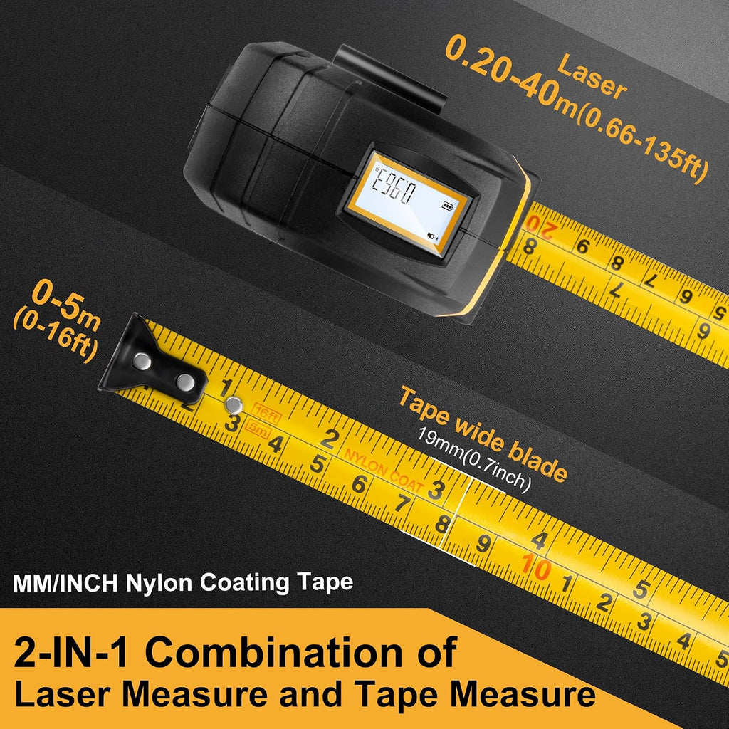 2-in-1 Laser Tape Measure - NOT Digital - 135Ft Laser Measurement Tool & 16Ft Measuring Tape with Auto Lock & Movable
