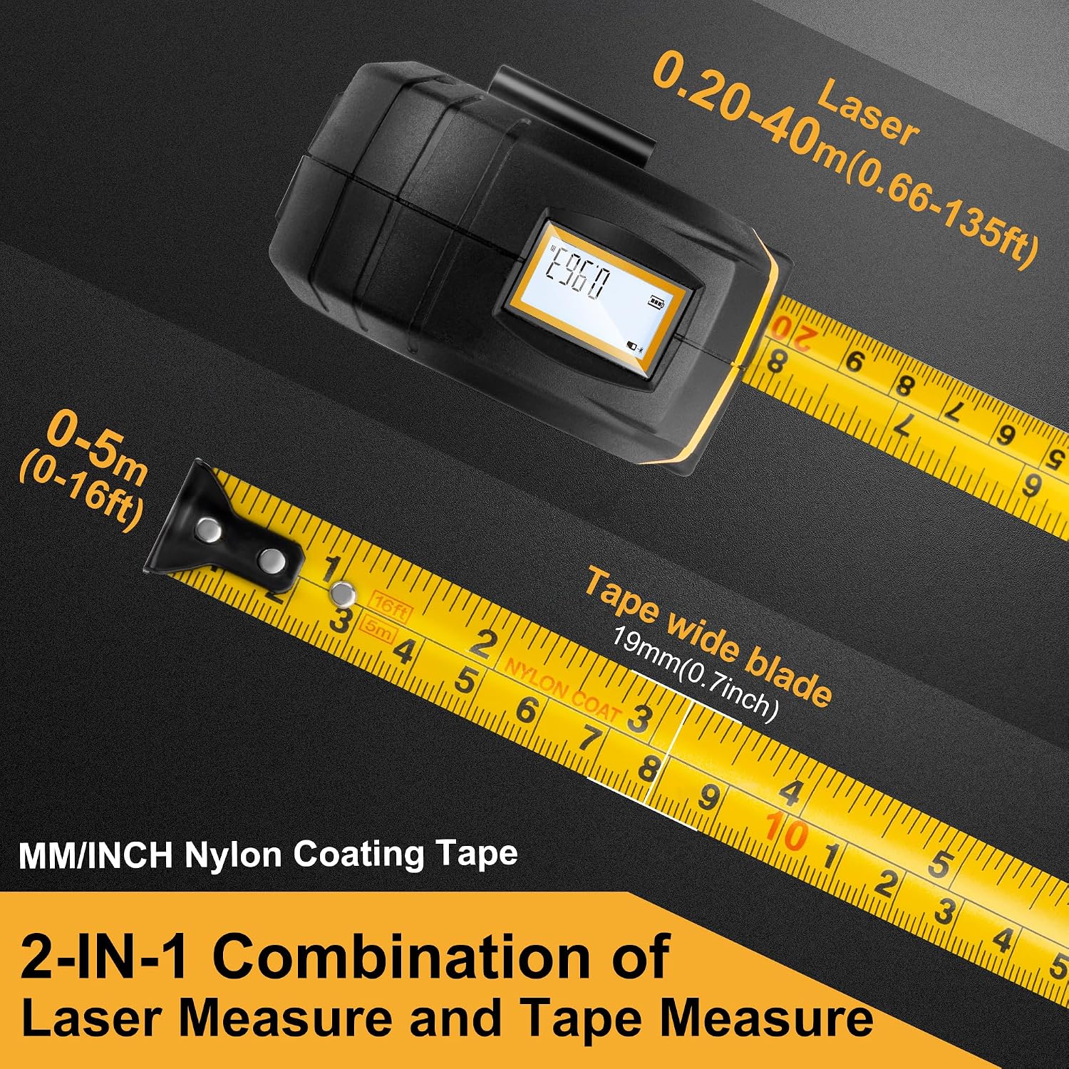 2-in-1 Laser Tape Measure - NOT Digital - 135Ft Laser Measurement Tool & 16Ft Measuring Tape with Auto Lock & Movable