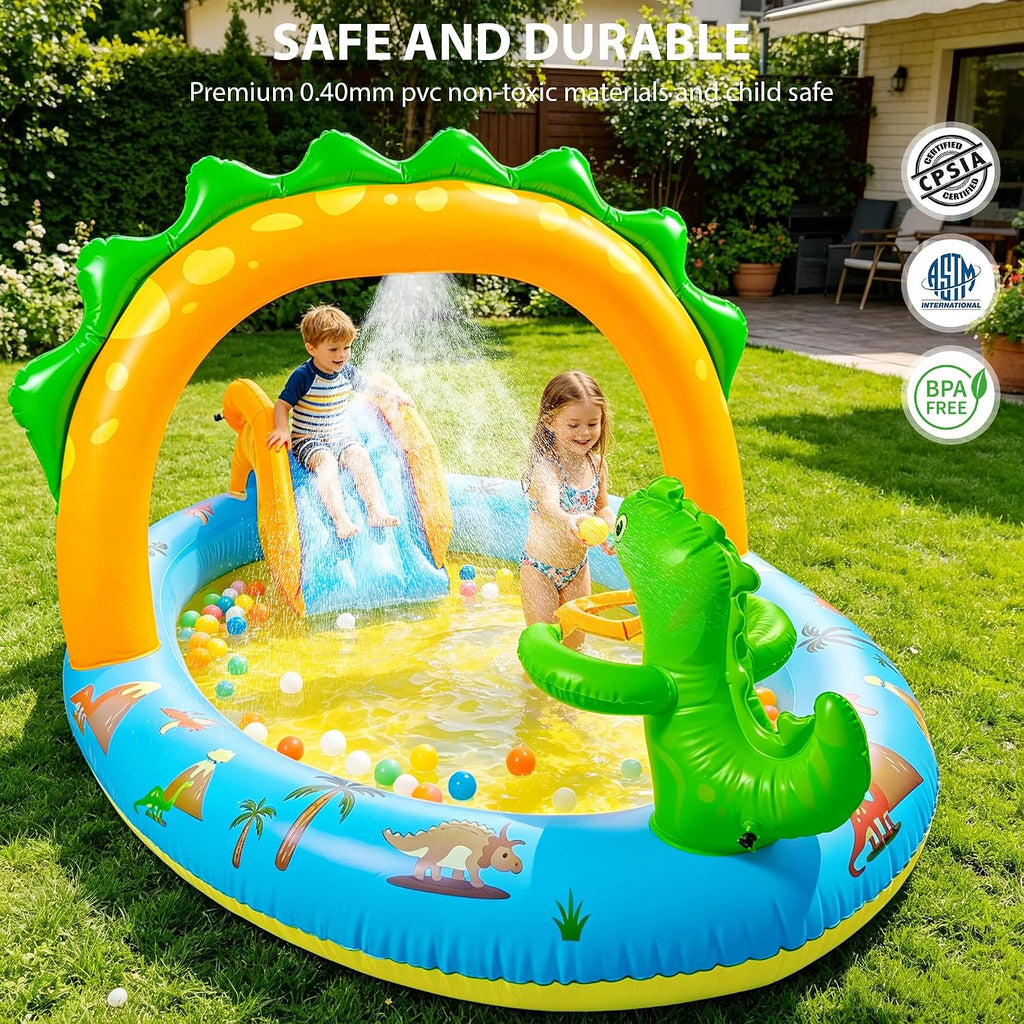 2026 Inflatable Dinosaur Play Center Kiddie Pool with Slide and Sprinkler for Children, Toddler Blow Up Splash Pad