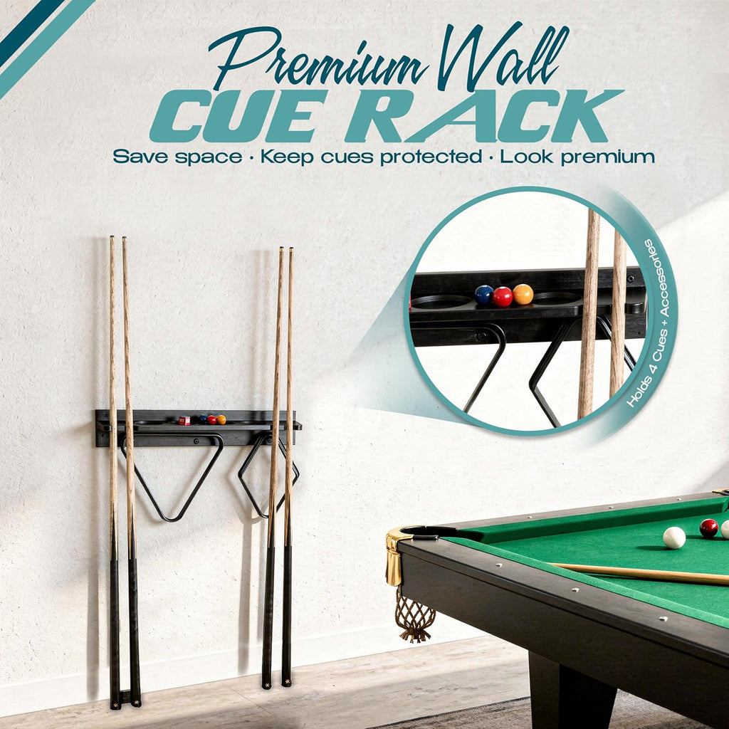 Pool Stick Holder Wall Mount - 4 Pool Cue Rack with Accessories Shelf and 4 Drink Holders - Bamboo Billiard Cue Rack