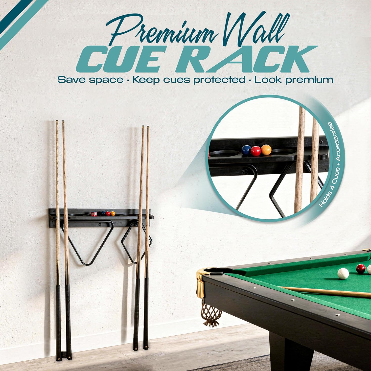 Pool Stick Holder Wall Mount - 4 Pool Cue Rack with Accessories Shelf and 4 Drink Holders - Bamboo Billiard Cue Rack