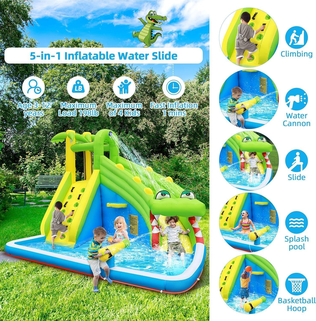 Inflatable Water Slide：5 in 1 Crocodile Bounce House Water Park for Kids - Climbing Wall Splash Pool Water Cannon