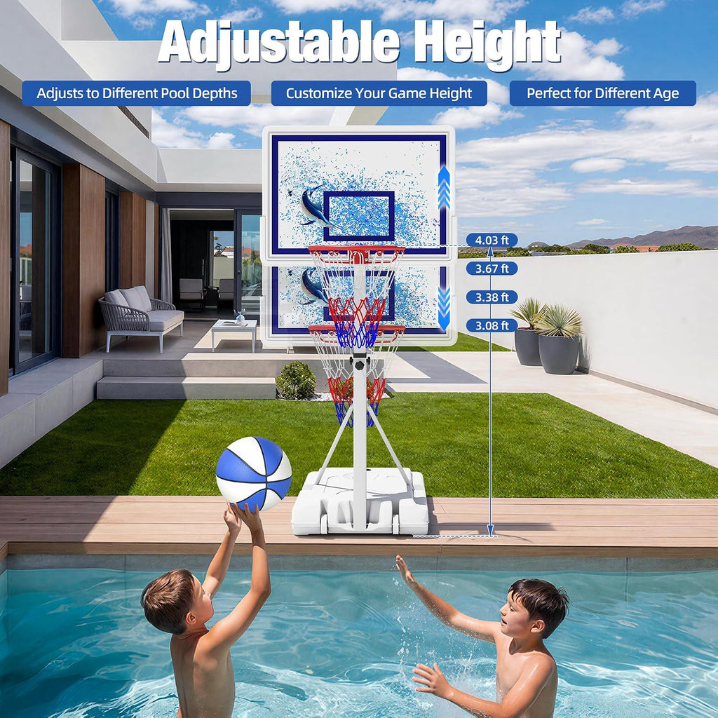 Pool Basketball Hoop with 32'' Shatterproof Backboard & 50L Base | 3-4FT Height Adjustable, Basketball Gaol for