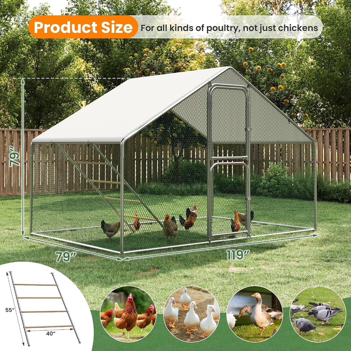 Large Metal Chicken Coop 10x6.5 FT Walk in Chickens Run with Chicken Roosting Perch, Outdoor Chicken House with