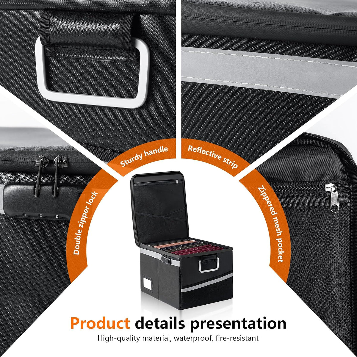 Fireproof Waterproof Document Box with Lock Collapsible Portable File Organizer Hard Shell Storage for Hanging Letter