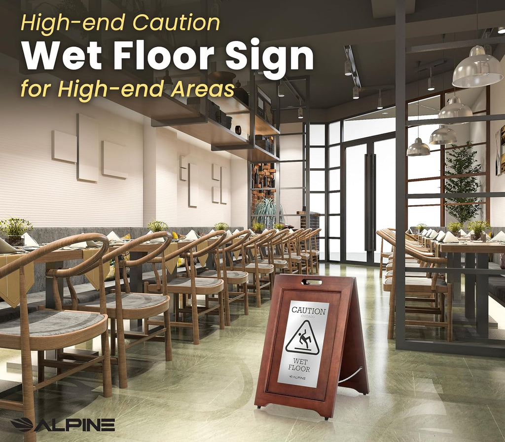 Wooden Wet Floor Sign – High-End Slippery When Wet Caution Sign, Bilingual English & Spanish, Stainless Steel Plate