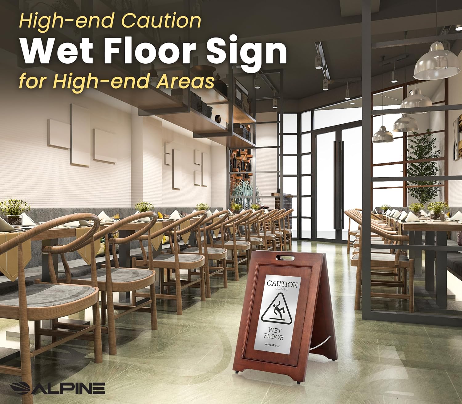 Wooden Wet Floor Sign – High-End Slippery When Wet Caution Sign, Bilingual English & Spanish, Stainless Steel Plate