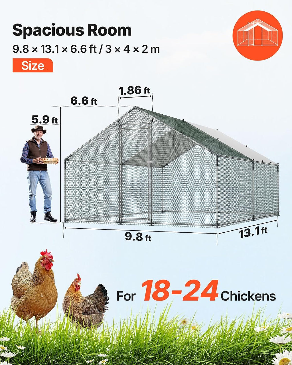 Large Metal Chicken Coop, 9.8x13.1x6.5 ft Large Walk in Chicken Runs for Yard with Cover, Hen House Enclosure with