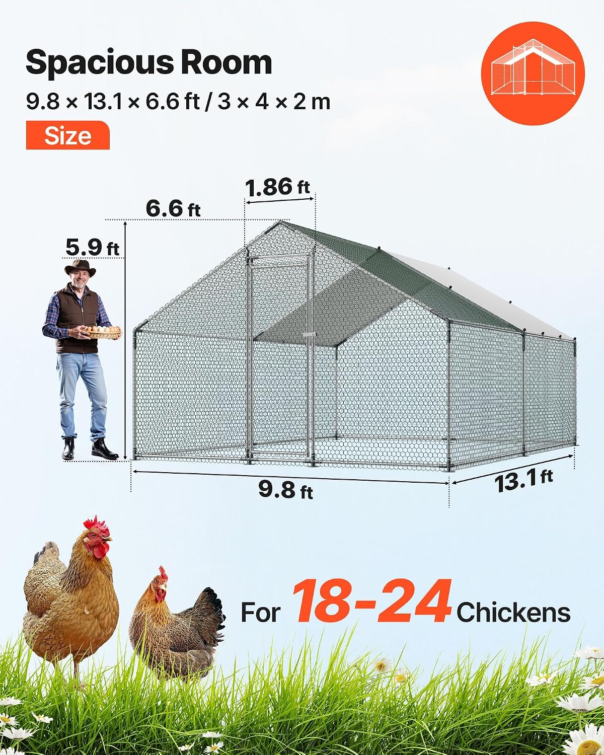 Large Metal Chicken Coop, 9.8x13.1x6.5 ft Large Walk in Chicken Runs for Yard with Cover, Hen House Enclosure with