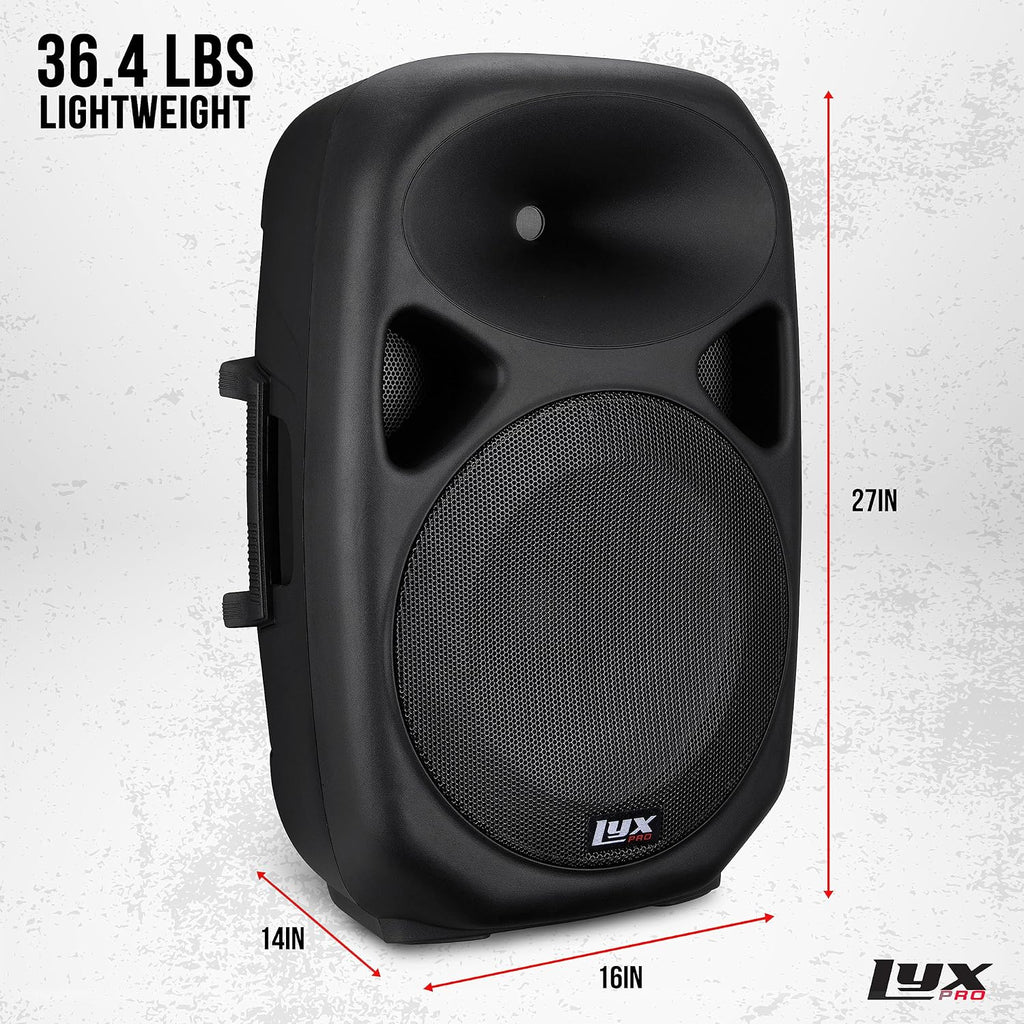 15 Inch PA Active Speaker System Compact and Portable with Equalizer, Bluetooth, MP3, USB, SD Card Slot, XLR, 1/4”