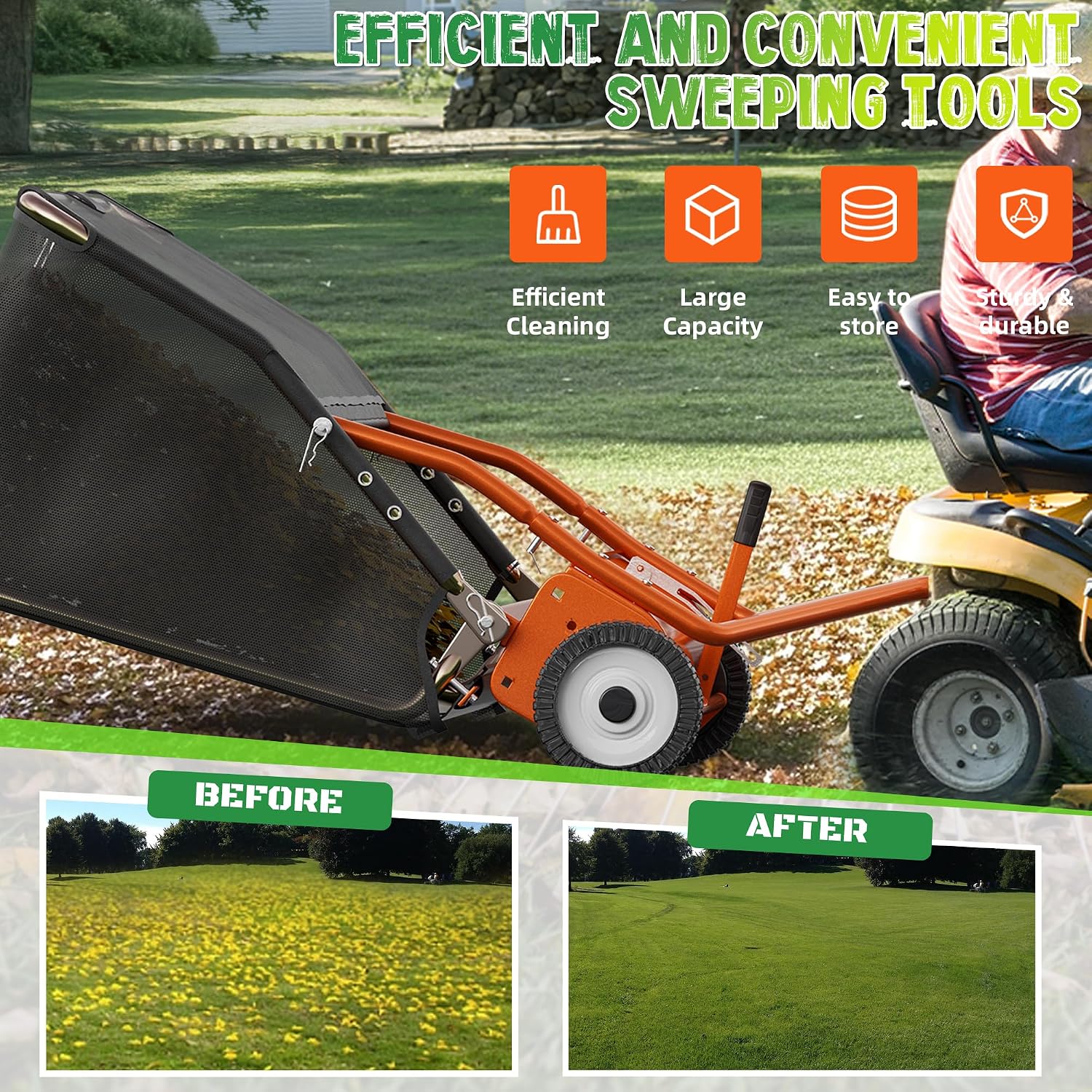 42" Lawn Sweeper Tow Behind, Leaf and Grass Collector, 18.55 Cu. Ft. Hopper