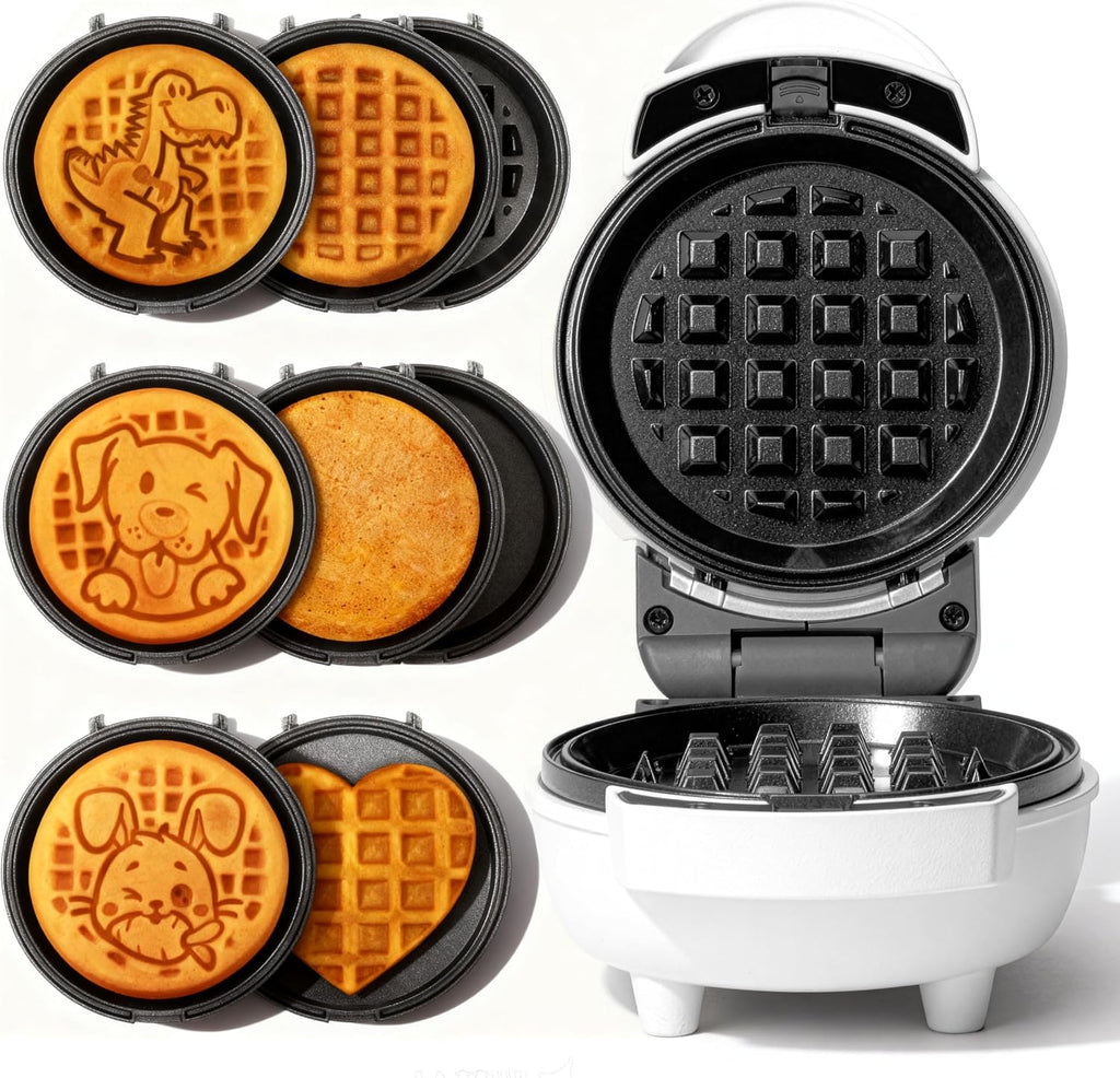 6-in-1 Mini Waffle Maker With Removable Plates, 4.5'' Mini Waffle Iron for Holidays, Parties & Events Waffle Maker