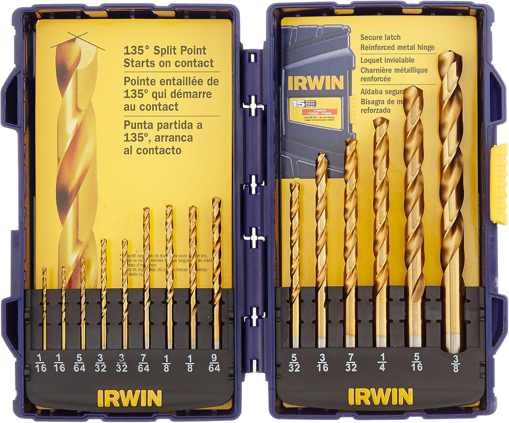 Irwin Tools 4935607 Titanium Nitride Coated High-Speed Steel Drill Bit Set, Pro Case, 15-Piece