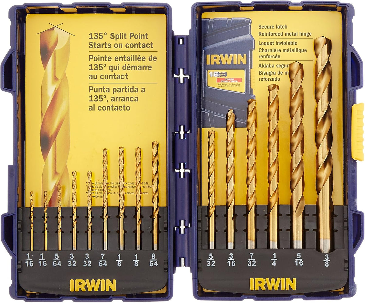 Irwin Tools 4935607 Titanium Nitride Coated High-Speed Steel Drill Bit Set, Pro Case, 15-Piece