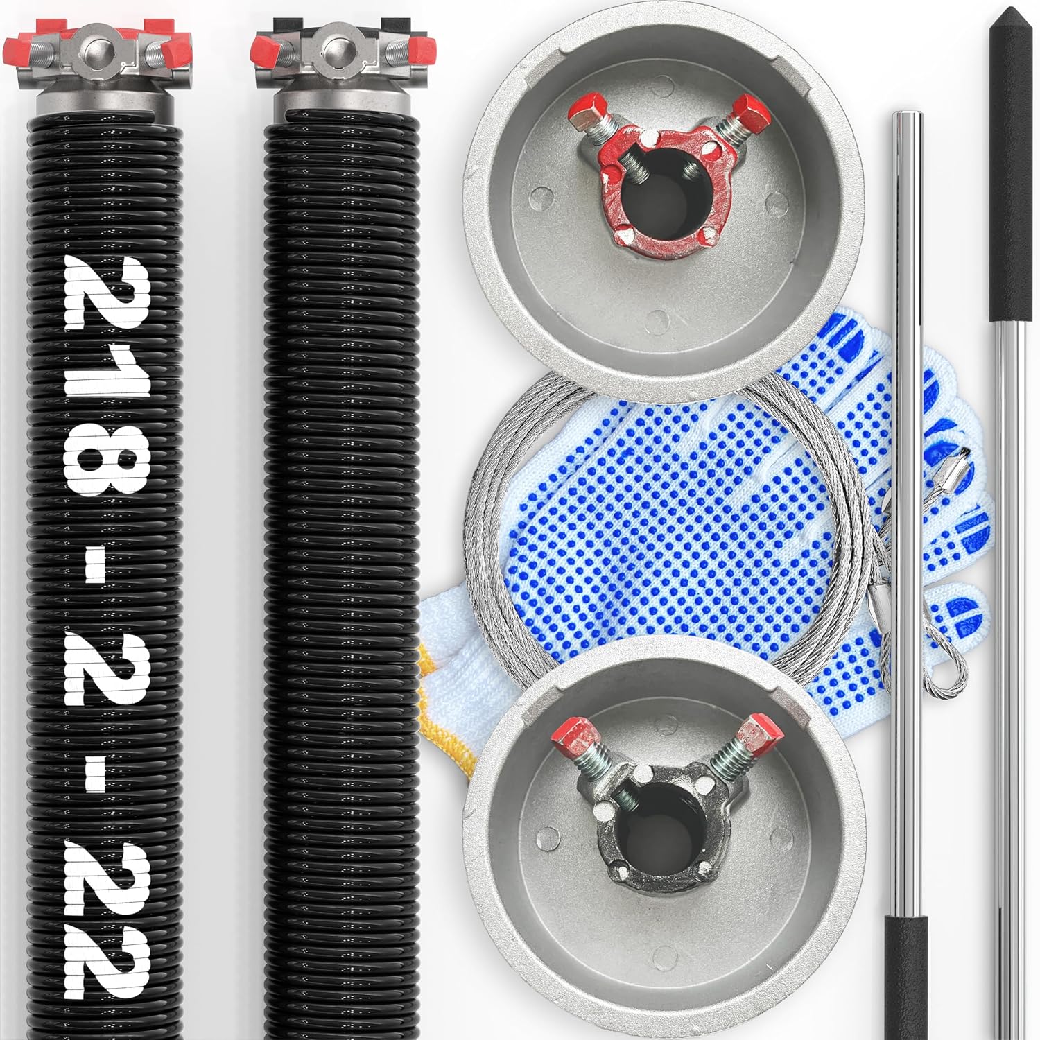3-Pieces Bundle - Garage Door Torsion Springs (0.218x2x22), Winding Bars Tool, 8.5ft Garage Door Cables & Standard