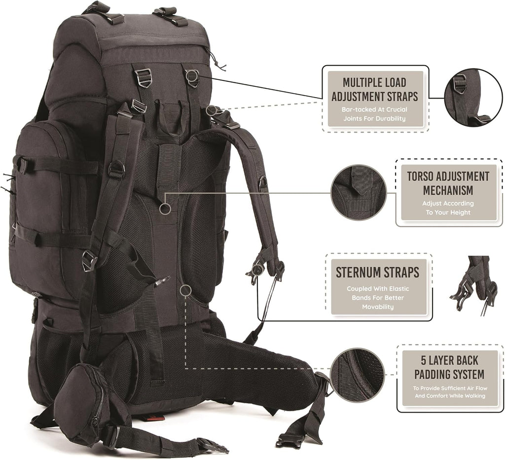 Colonel 80 Litres Internal Frame Trekking and Hiking Rucksack + Detachable Day Pack, Rain Cover, Black