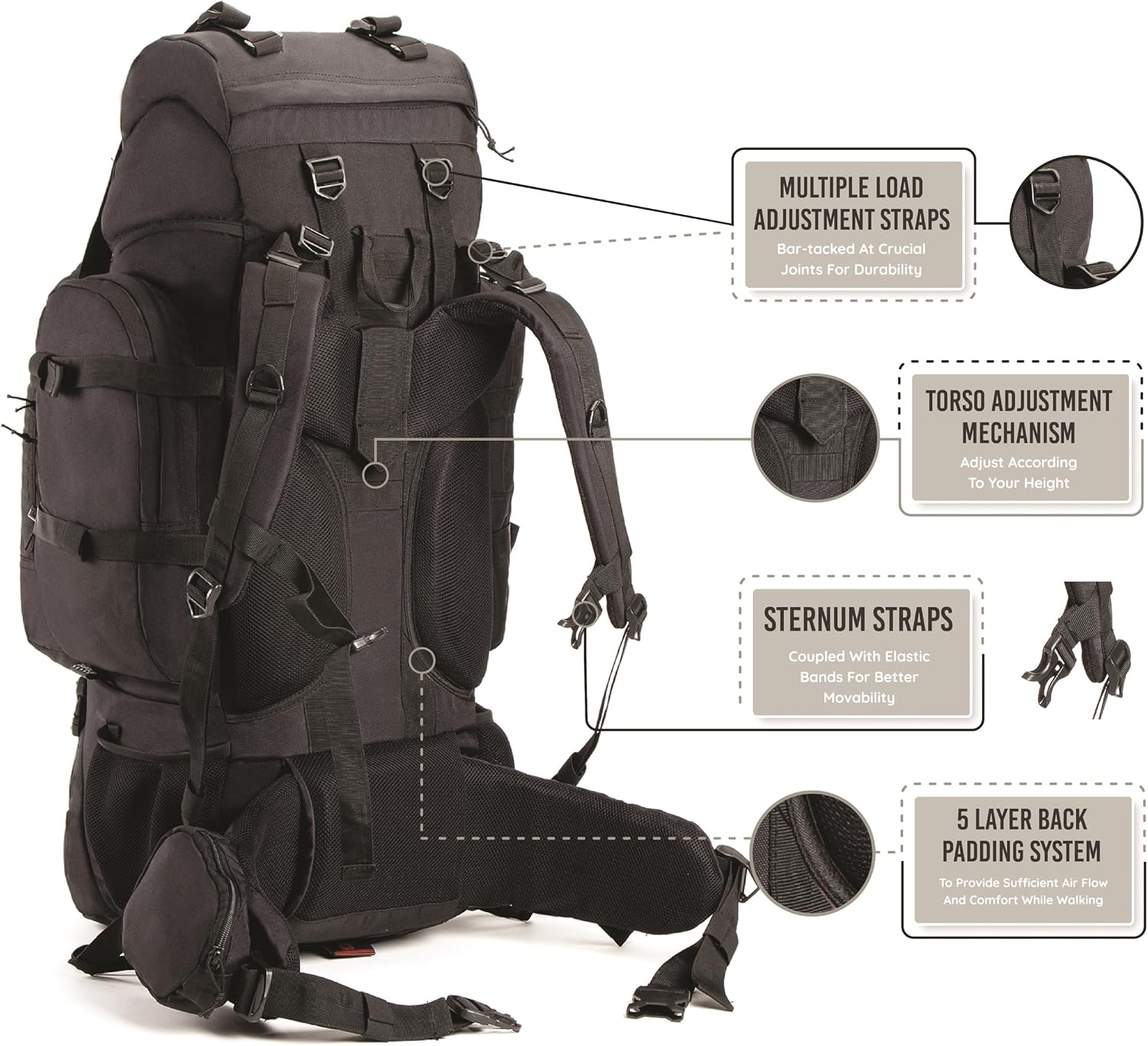 Colonel 80 Litres Internal Frame Trekking and Hiking Rucksack + Detachable Day Pack, Rain Cover, Black