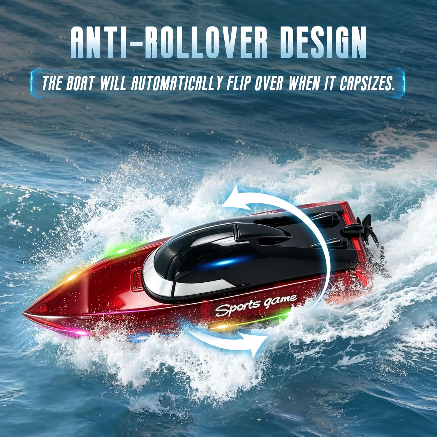 Remote Control Boat with 1800mAh Battery, Clear RC Boat with 10 LED Lights | 100 Min+ Auto Reverse 2.4 GHz Double
