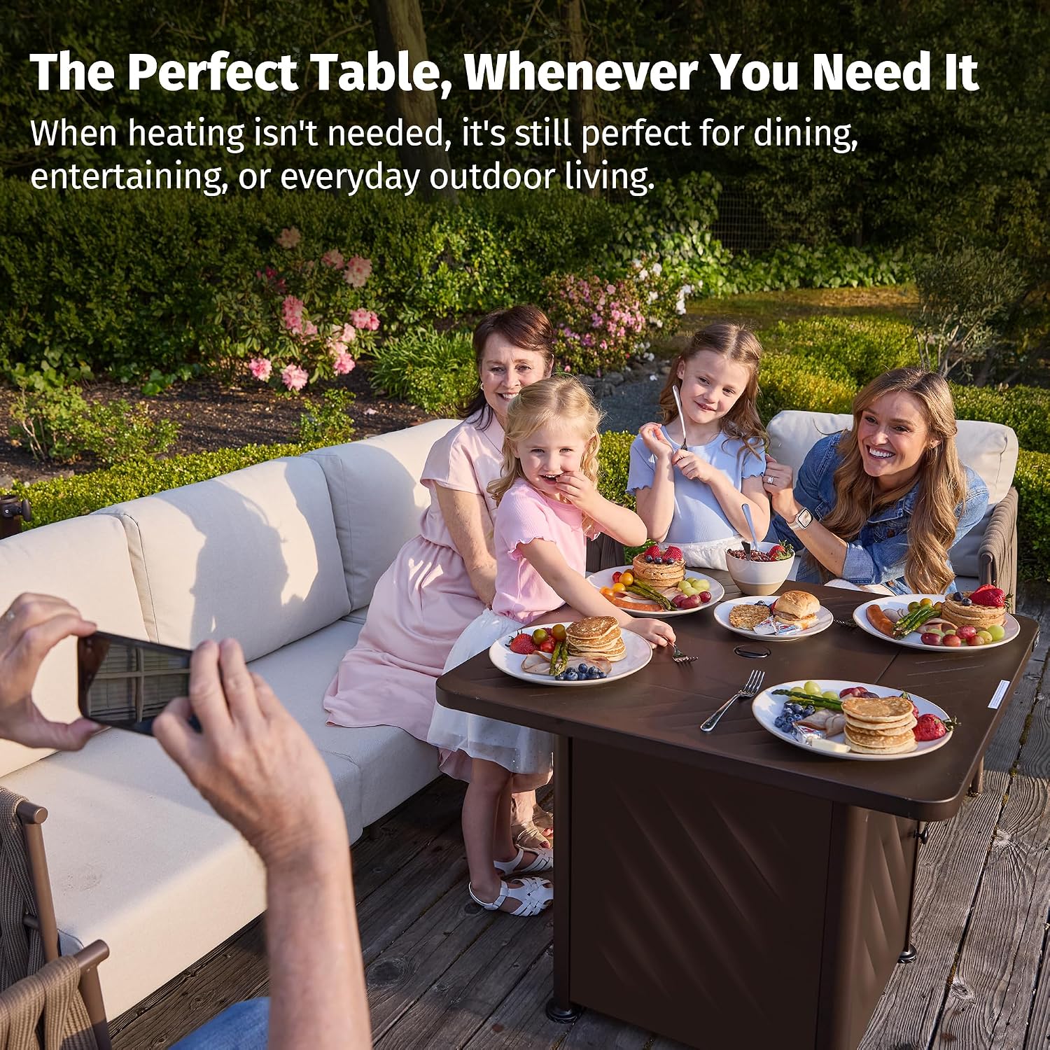 28” Outdoor Propane Fire Pit Table | 52,000 BTU Gas Fire Pit for 2-4 People with Space-Saving Hock Lid, Mesh Pocket &