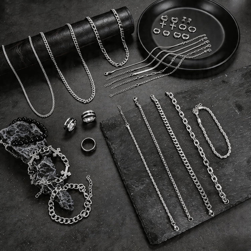 Jewelry Set for Men Silver Stainless Steel Cuban Link Necklace Bracelet Rings Hoop Stud Earrings Mens Jewelry Set