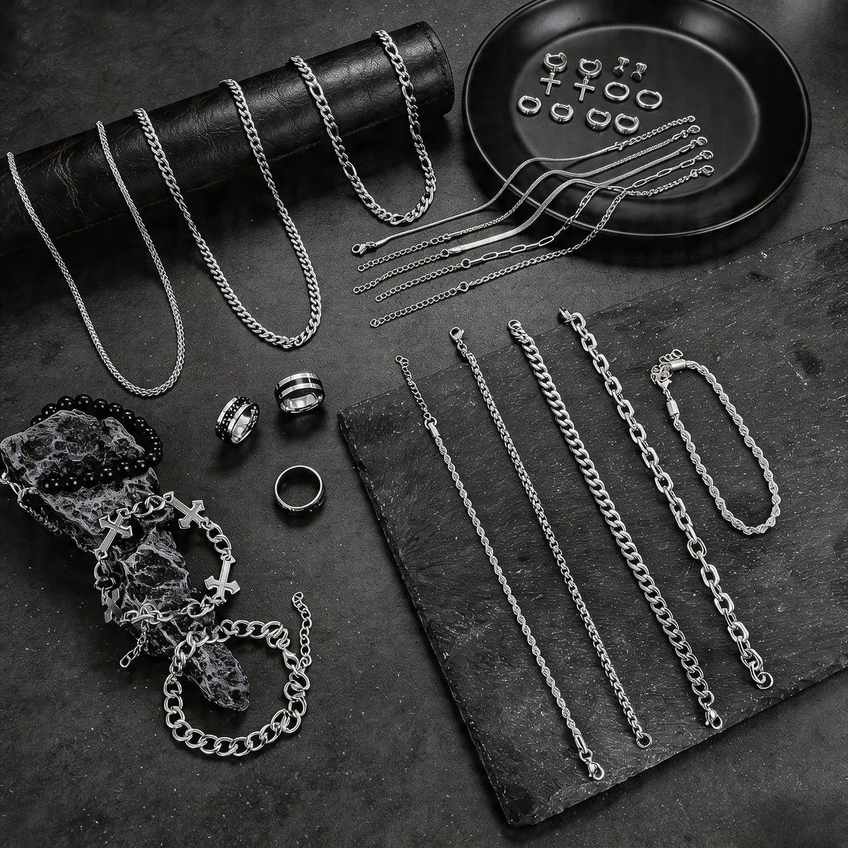 Jewelry Set for Men Silver Stainless Steel Cuban Link Necklace Bracelet Rings Hoop Stud Earrings Mens Jewelry Set