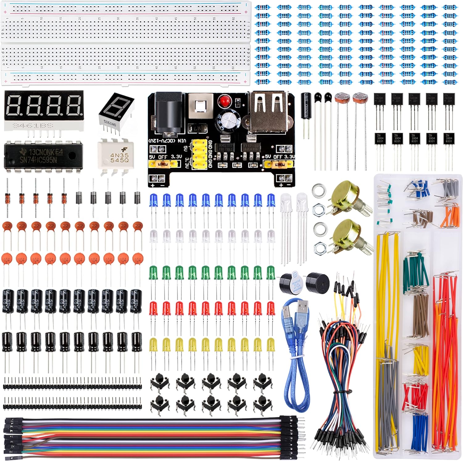 Electronics Component Kit with Breadboard Compatible with Arduino | Power Supply Module, Jumper Wires, Potentiometer