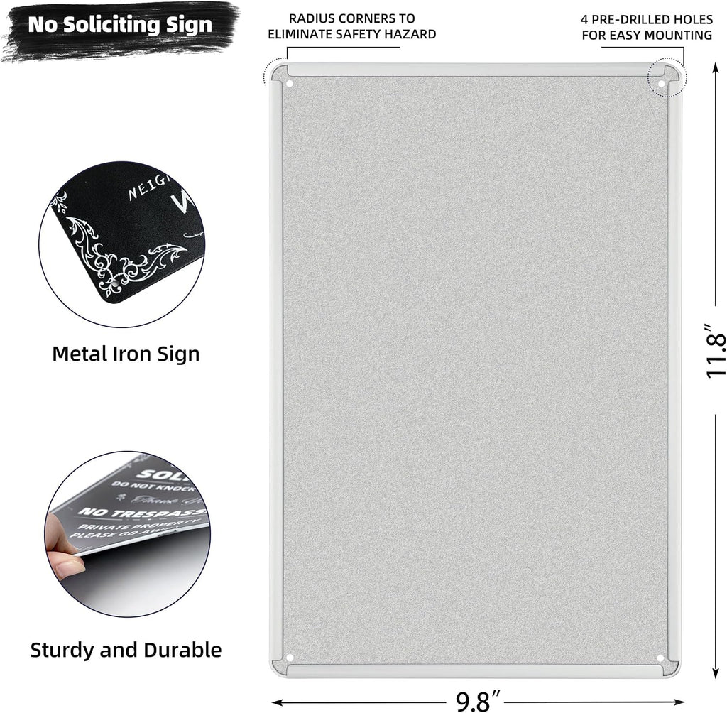 No Soliciting & No Trespassing Chic Metal Signs for Yard | Do Not Knock Or Ring Bell, Private Property, Indoor