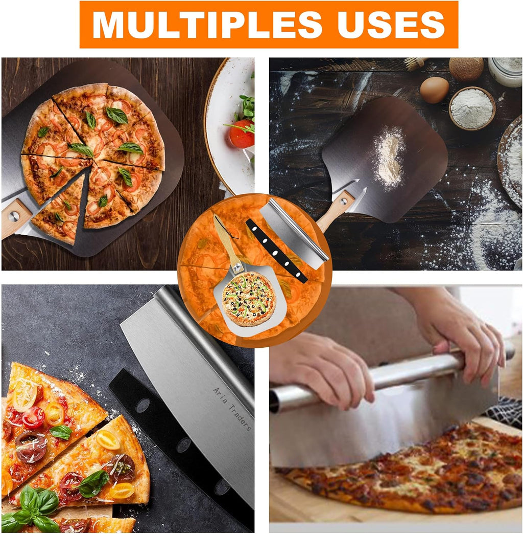 Aluminum Metal Pizza Peel (12" X 14"), Pizza Spatula with 14’’ Rocker Cutter, Pizza Paddle with Foldable Wooden