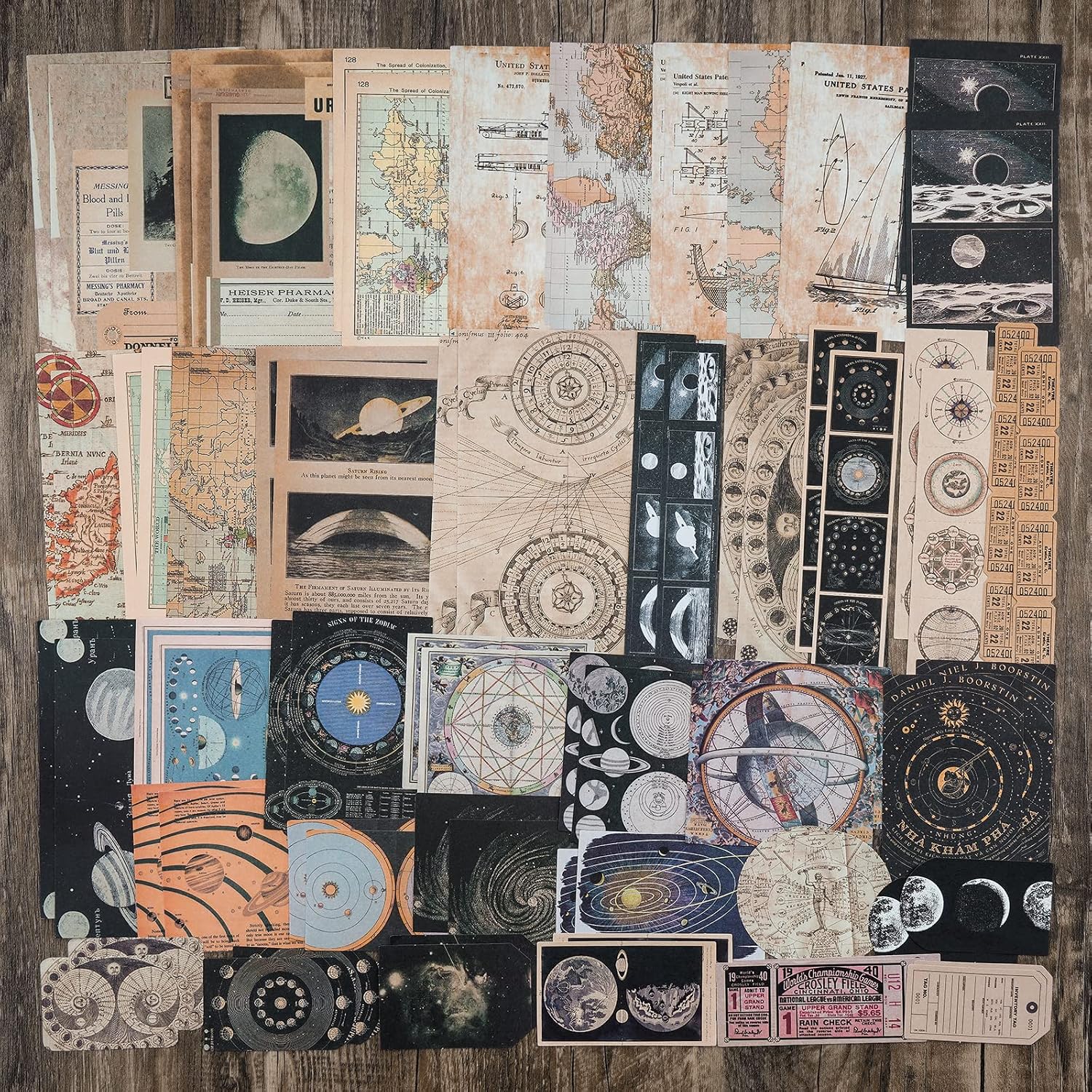 Vintage Scrapbook Supplies Pack (200 Pieces) for Witchy Junk Journal Bullet Journals Planners Space Moon Paper