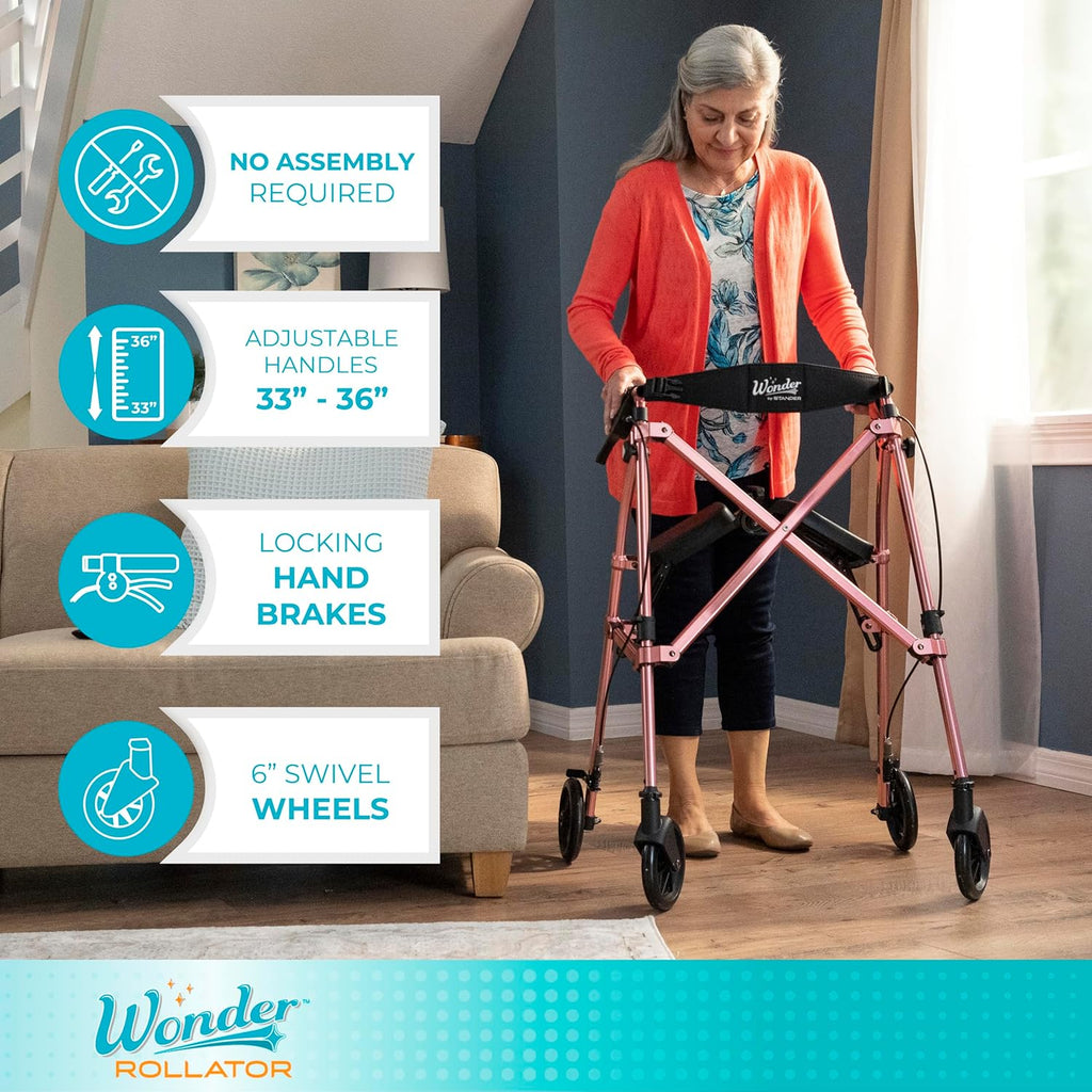 Stander Space Saver Rollator, Lightweight Folding Rolling Walker with Seat for Seniors & Adults, 4-Wheel Mobility Aid