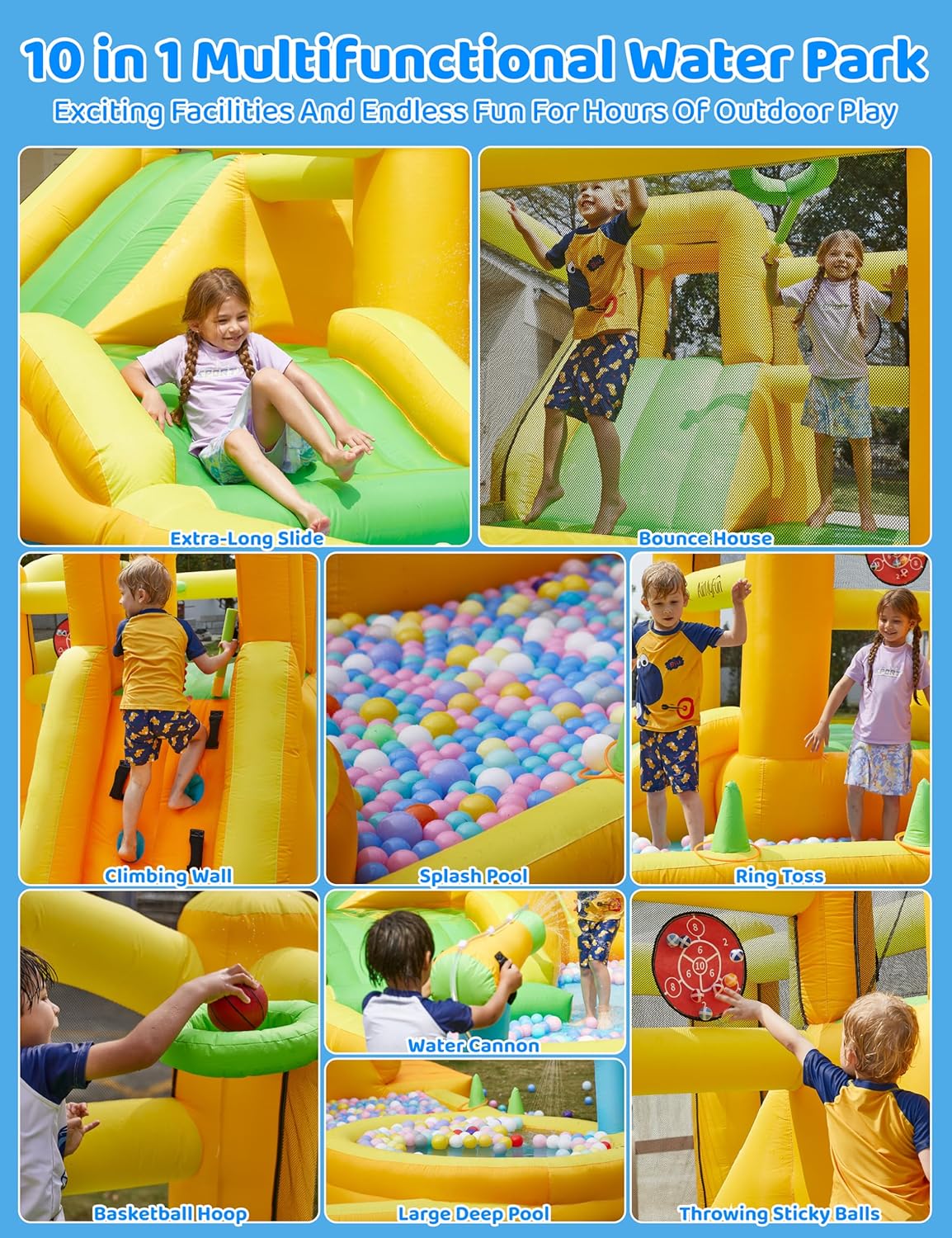 Water Slides for Kids, 9 in 1 Water Bounce House for Kids Backyard with Slide,Deep Pool, Climbing Wall, Water Cannon