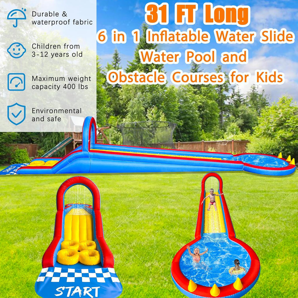 31FT Long Inflatable Water Slide,Water Park with Obstacle Courses,Climbing Ramp,Splash Pool & Overhead Sprinkle