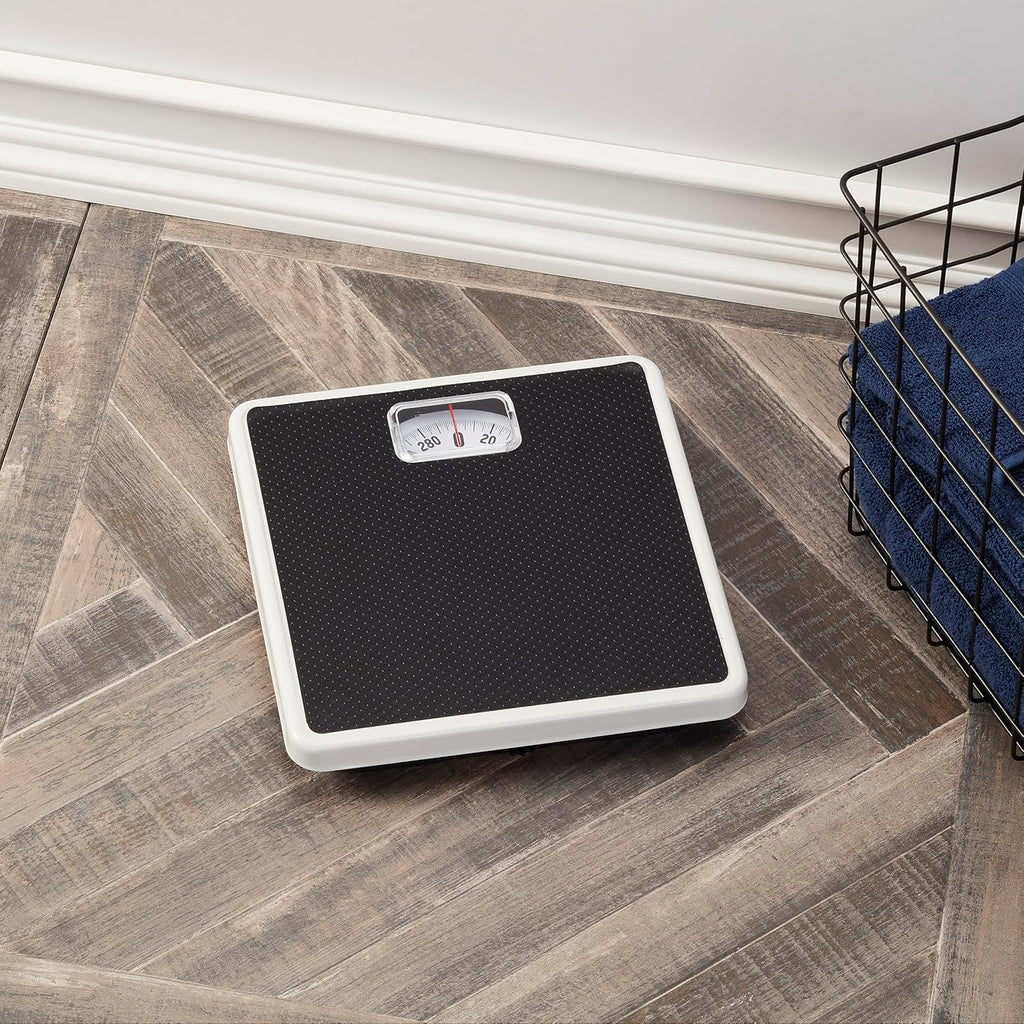 Analog Bathroom Scale for Body Weight, White with Black Mat, 300 lb Capacity in 1 lb Increments, 9.8 x 9.8 in