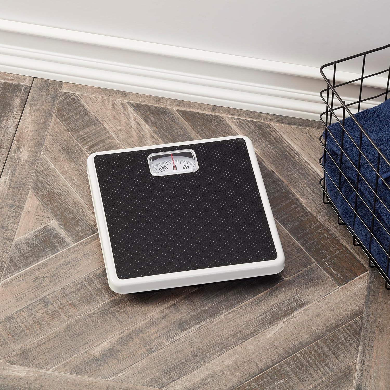 Analog Bathroom Scale for Body Weight, White with Black Mat, 300 lb Capacity in 1 lb Increments, 9.8 x 9.8 in