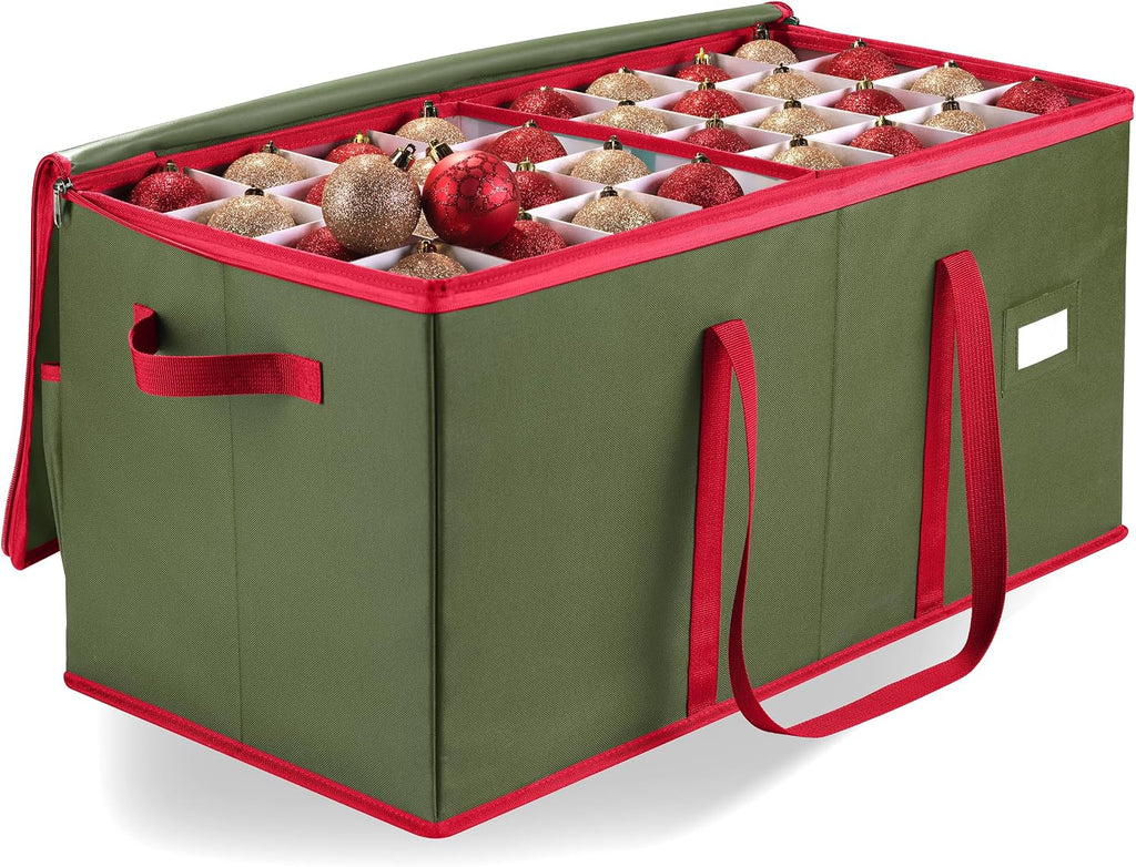 Christmas Ornament Storage - Stores up to 128 Holiday Ornaments, Adjustable Dividers, Zippered Top, Two Handles.