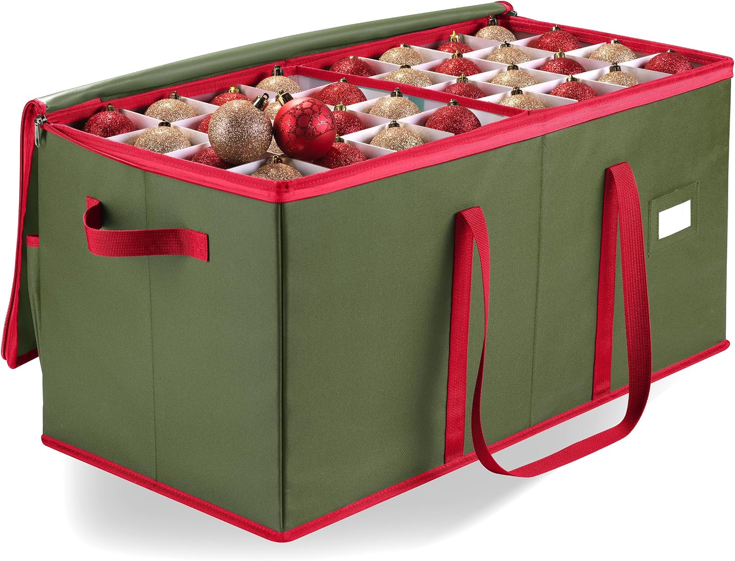 Christmas Ornament Storage - Stores up to 128 Holiday Ornaments, Adjustable Dividers, Zippered Top, Two Handles.