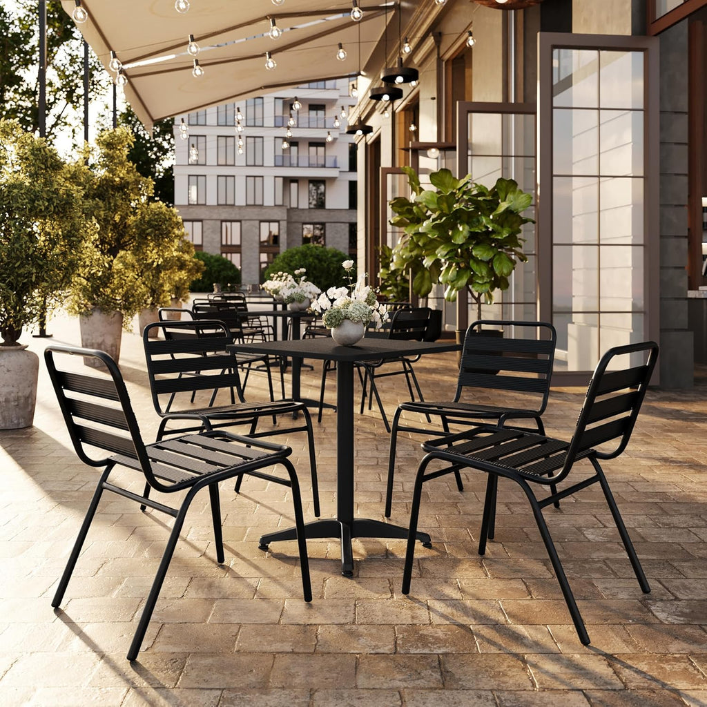 Metal Slat Back Indoor/Outdoor Stack Chair, Black