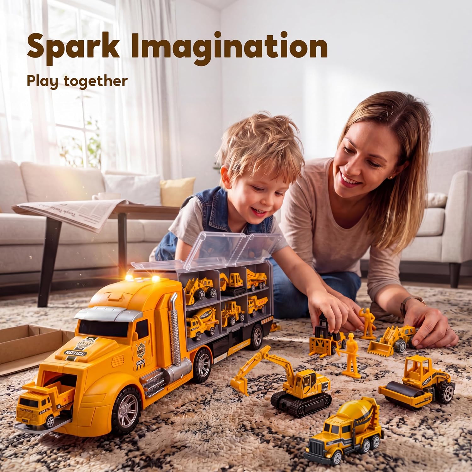 25-in-1 Construction Truck Toy Set with 12 Vehicles & 12 Worker Figures, Push and Go Toy Trucks with Sound and Light