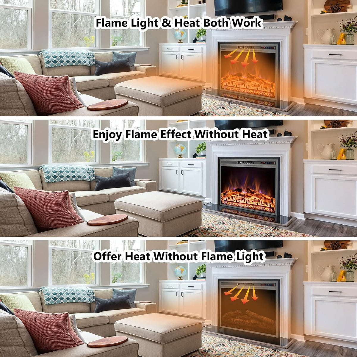 Electric Fireplace, Electric Fireplace Inserts, Recessed Fireplace Heater with Remote Control, Adjustable Flame