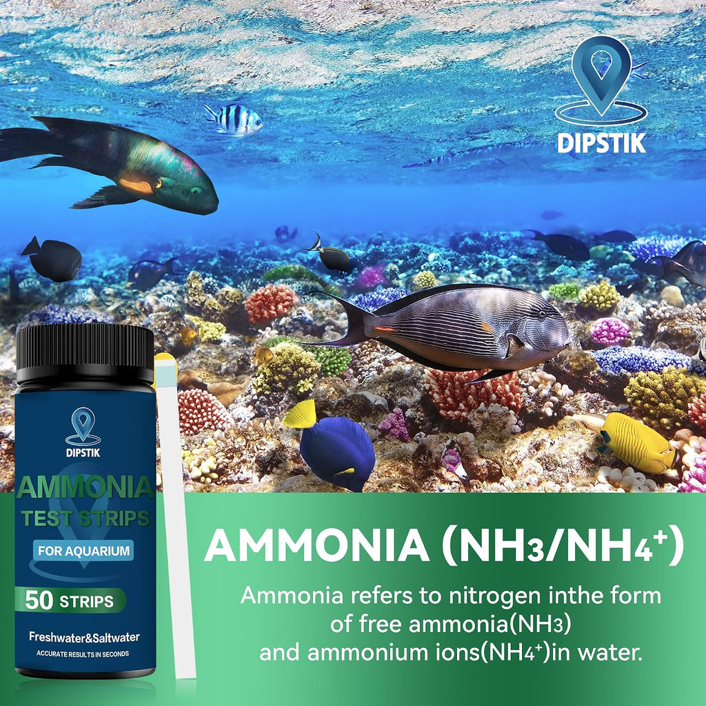 Ammonia Test Strips for Fish Tank,Feshwater & Saltwater (50ct) | Ammonia Aquarium Water Test Kit