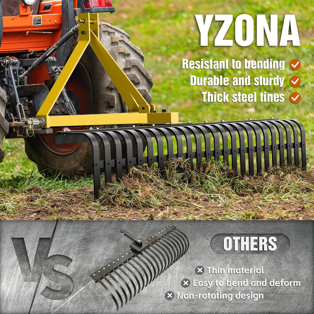 60" 3 Point Rock Rake for Tractors, Heavy-Duty Landscape Rake with 360° Rotation, Category 1 Hitch Attachment
