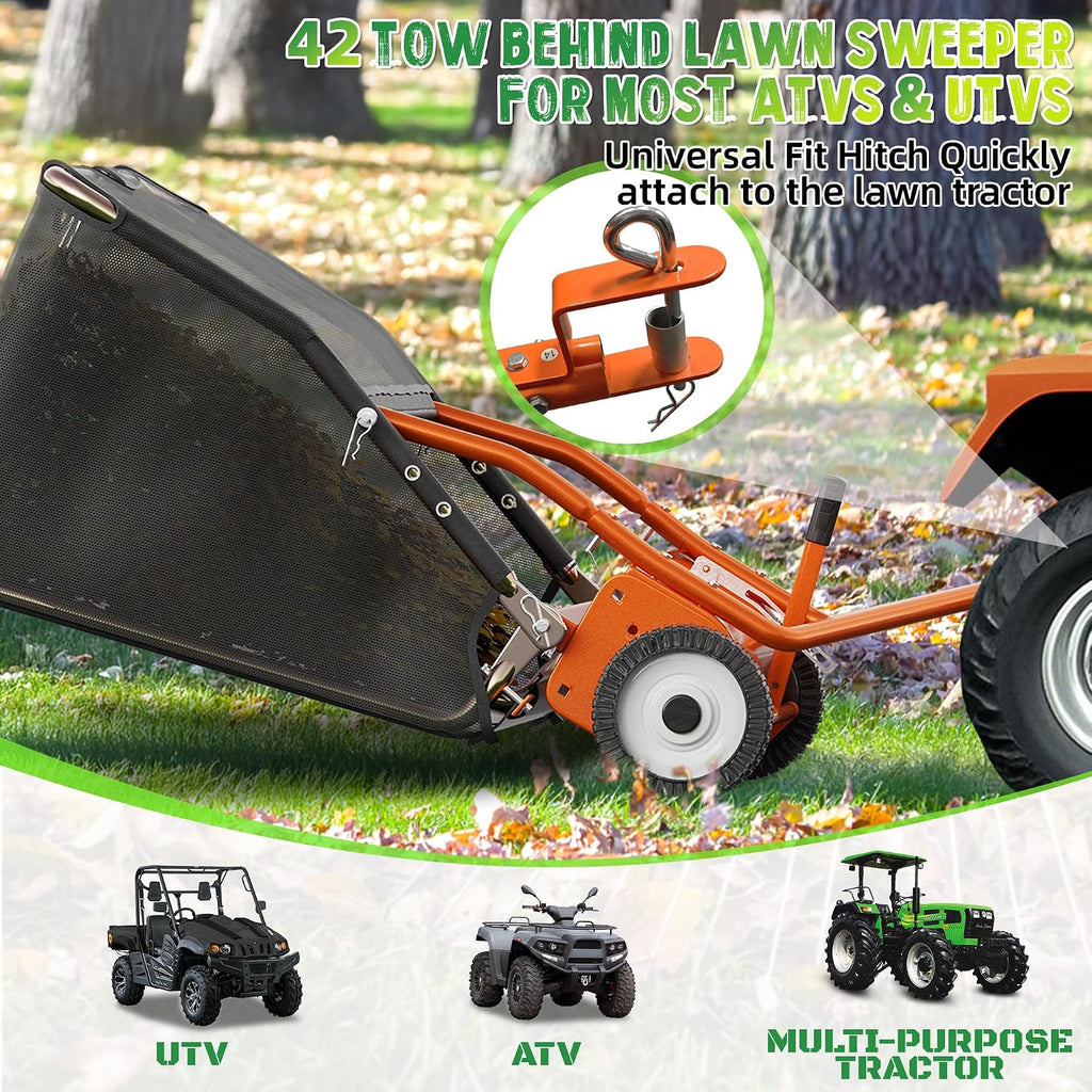42" Lawn Sweeper Tow Behind, Leaf and Grass Collector, 18.55 Cu. Ft. Hopper