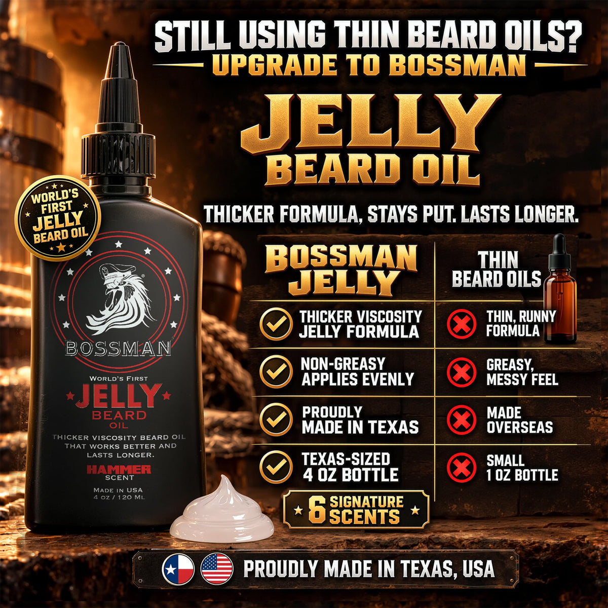 Jelly Beard Oil (4 oz) - Thicker Formula, Texas Made - Hammer Scent